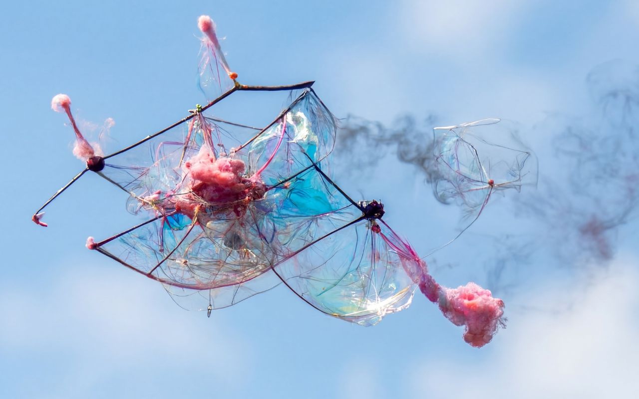 An abstract, otherworldly network of delicate, translucent blue and pink filaments and interconnected structures floats against a clear sky-blue background, evoking the complexity of neural networks and artificial intelligence.